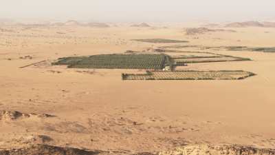 Culture de palmiers et bassins de rétention en plein désert