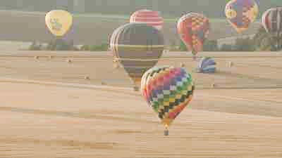 Envol de montgolfières au-dessus des champs