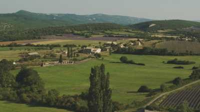 Village et propriétés dans les champs de lavande