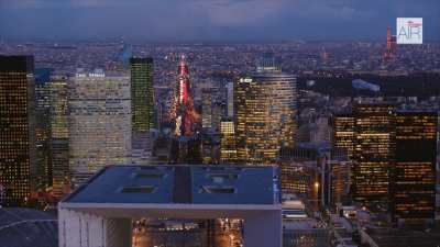 Paris La Défense au crépuscule avec l'Axe Historique  depuis Nanterre jusqu'à Paris